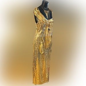 Gold sequence spaghetti strap evening dress…accessories sold separately